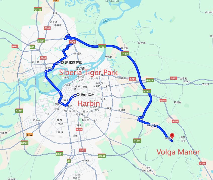 Harbin Tours: 4-day 3-night · Private Tour · Harbin+Siberia Tiger Park+Volga Manor route map