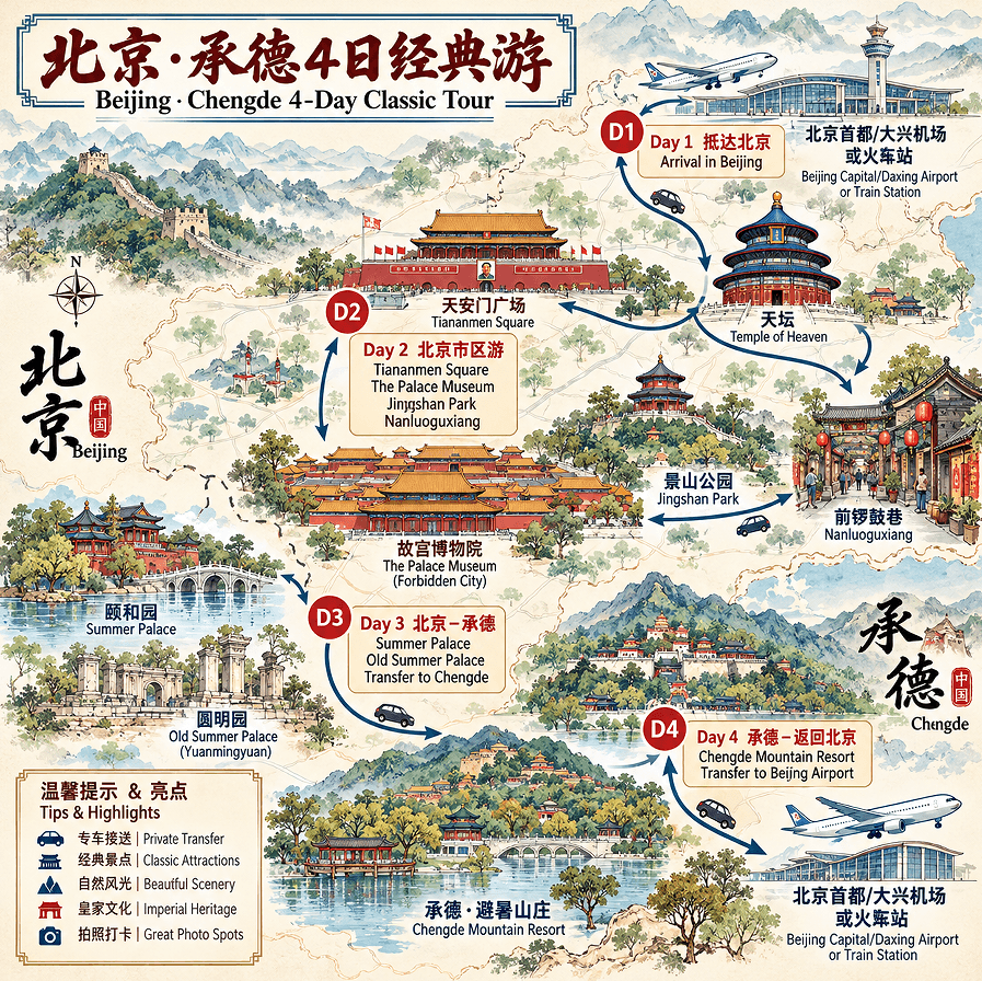 Best Place to Travel in China: 4-day 3-night · Private Tour · China+Beijing+Chengde route map