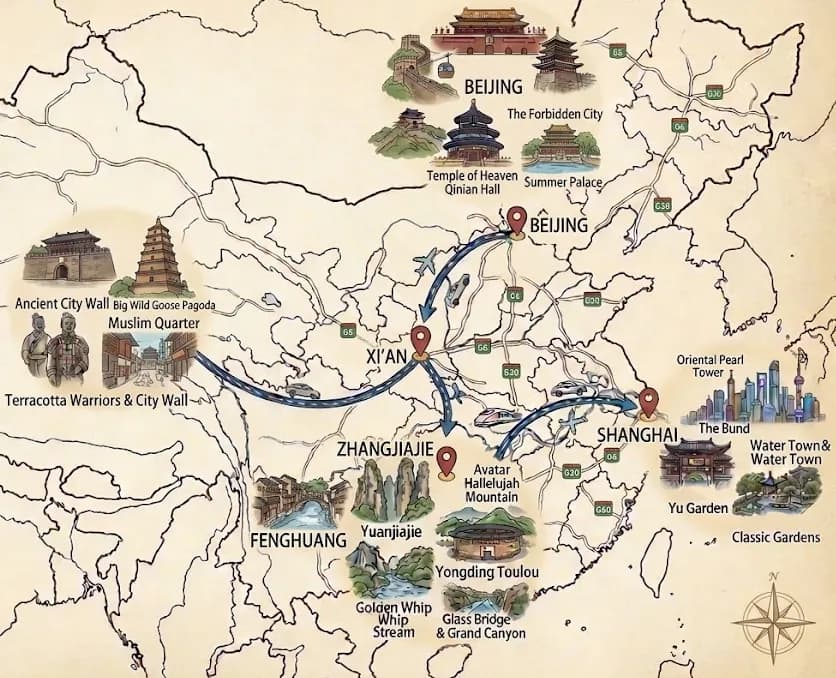 14 Days Classic China Tour: Beijing + Xi'an + Zhangjiajie + Fenghuang + Shanghai route map