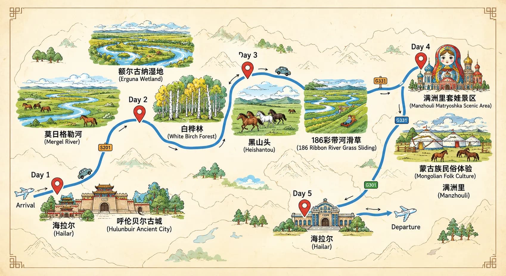 Inner Mongolia Tour: 5-day 4-night · Private tours · Inner Mongolia + Hulunbuir + Inner Mongolia Ergun National Wetland Park + Moergle River Scenic Area route map