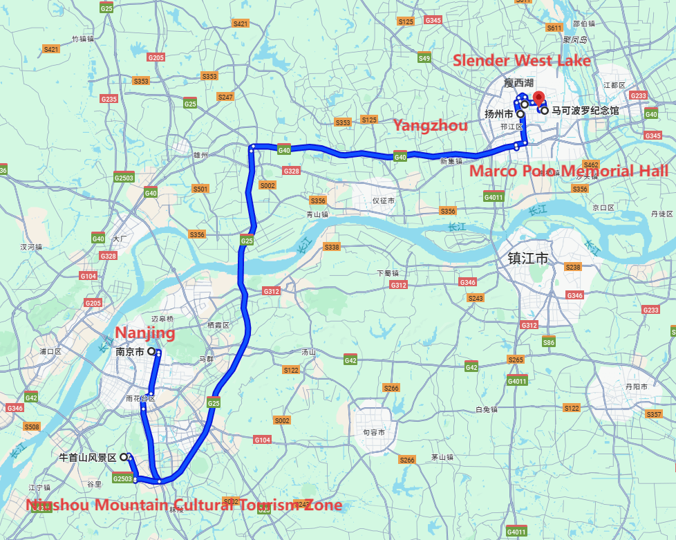 Nanjing Travel Package: 3-day 2-night · Private Tour · Nanjing+Niushou Mountain Cultural Tourism Zone+Yangzhou+Slender West Lake+Marco Polo Memorial Hall route map