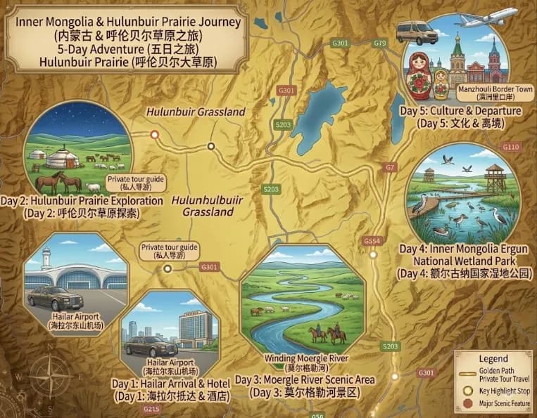 Inner Mongolia Tour: 5-day 4-night · Private tours · Inner Mongolia + Hulunbuir + Inner Mongolia Ergun National Wetland Park + Moergle River Scenic Area route map