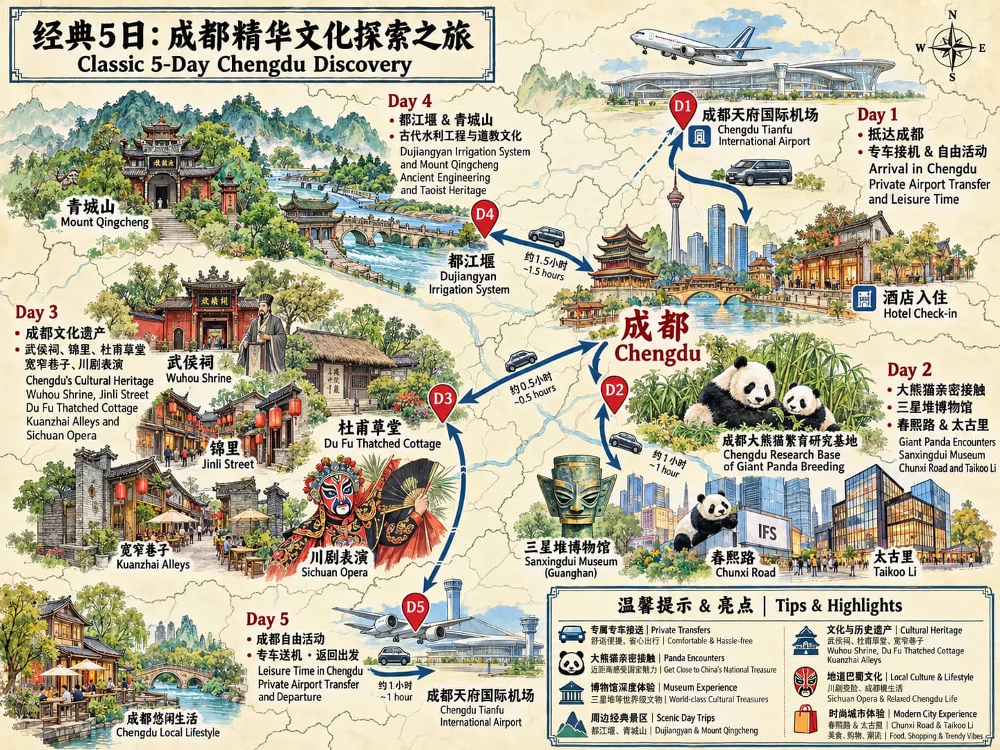 Chengdu Research Base of Giant Panda Breeding Tours: 5-day 4-night · Private Tour · Chengdu Research Base of Giant Panda Breeding+Dujiangyan+Qingcheng Mountain+Sanxingdui Museum route map