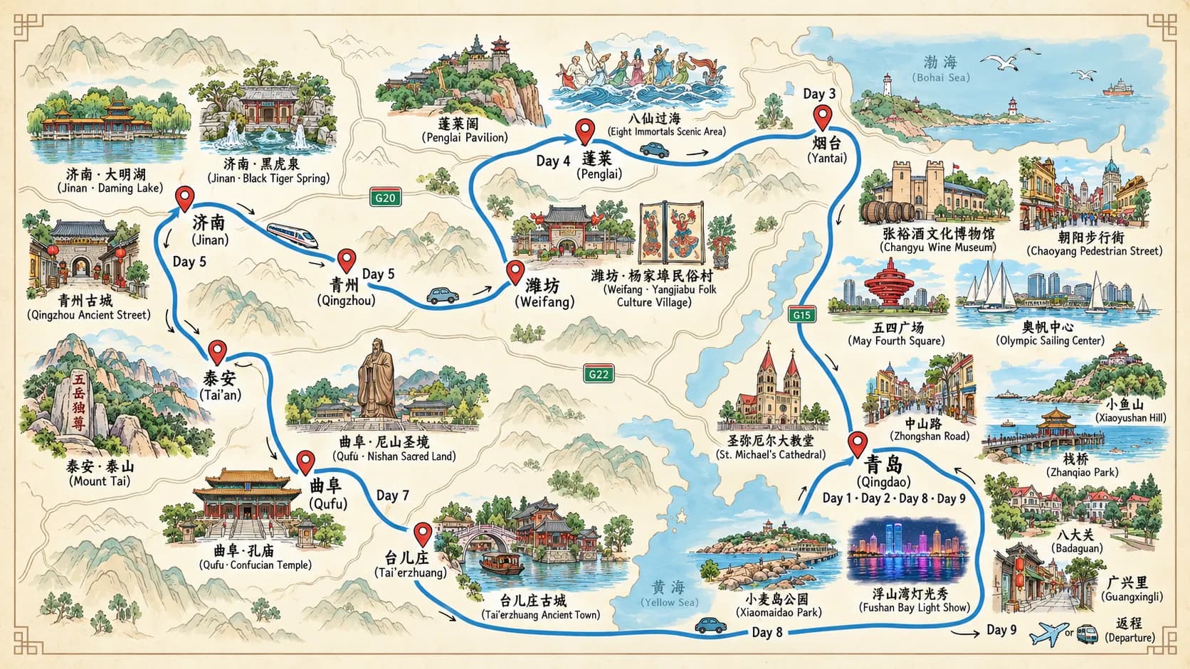 Yantai Tour: 9-day 8-night · Private tours · Qingdao + Yantai + Penglai District + Weifang + Qingzhou + Jinan + Tai'an + Qufu + Tai'erzhuang District route map