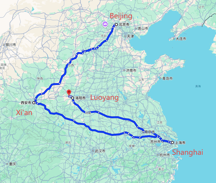 China Itinerary 10 Days: 9-night · Private Tour · Beijing+Xi'an+Shanghai+Luoyang route map
