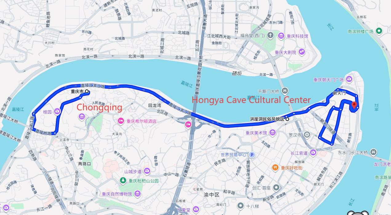 Hongya Cave Cultural Center Tours: 4-day 3-night · Private Tour · Chongqing+Hongya Cave Cultural Center route map