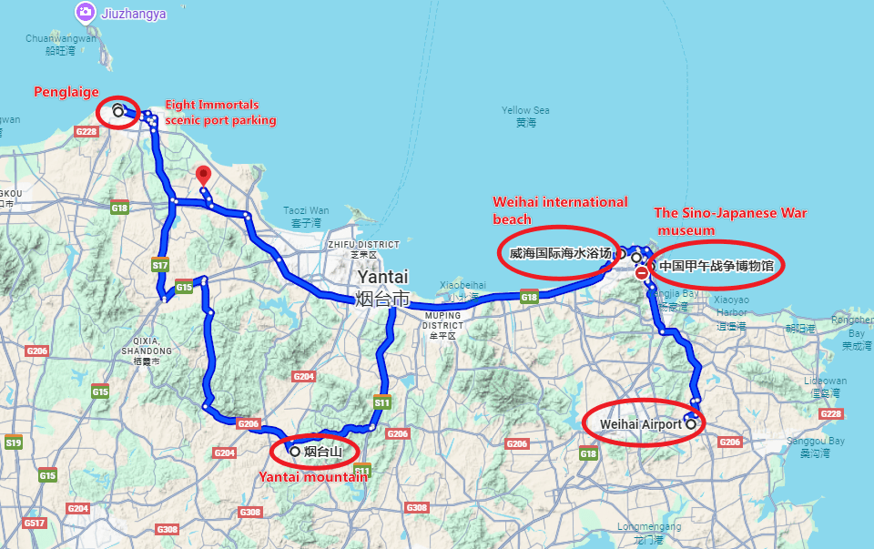 Weihai Tour: 5-day 4-night · Private tours · Weihai + Yantai route map