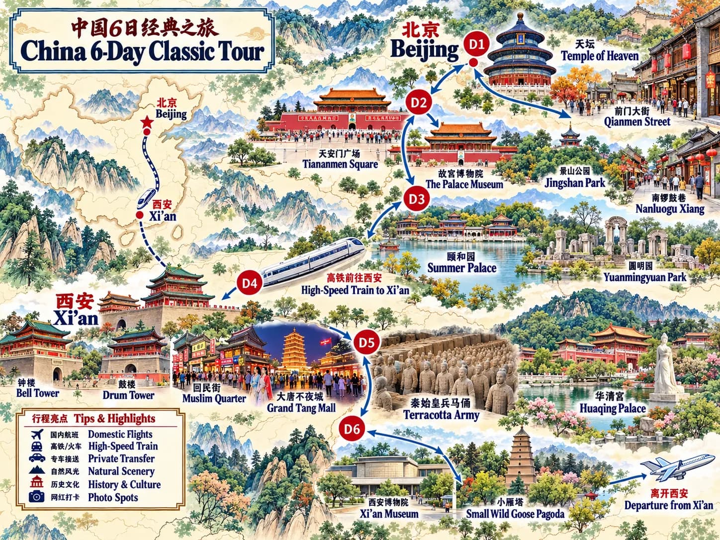 China Trip Packages: 6-day 5-night · Private Tour · China+Beijing+Xi'an route map