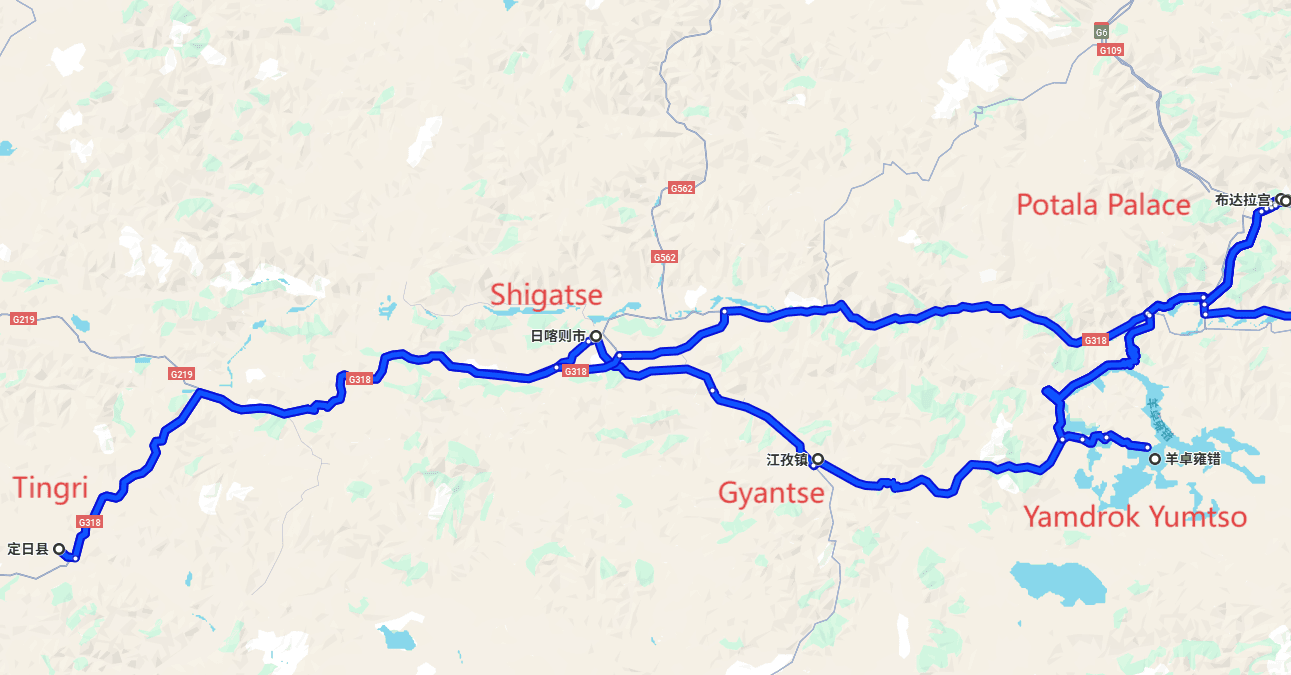 Lhasa Tour: 8-day 7-night · Private Tour · Lhasa+Gyantse+Shigatse+Tingri+Potala Palace+Yamdrok Yumtso+Jokhang Temple route map