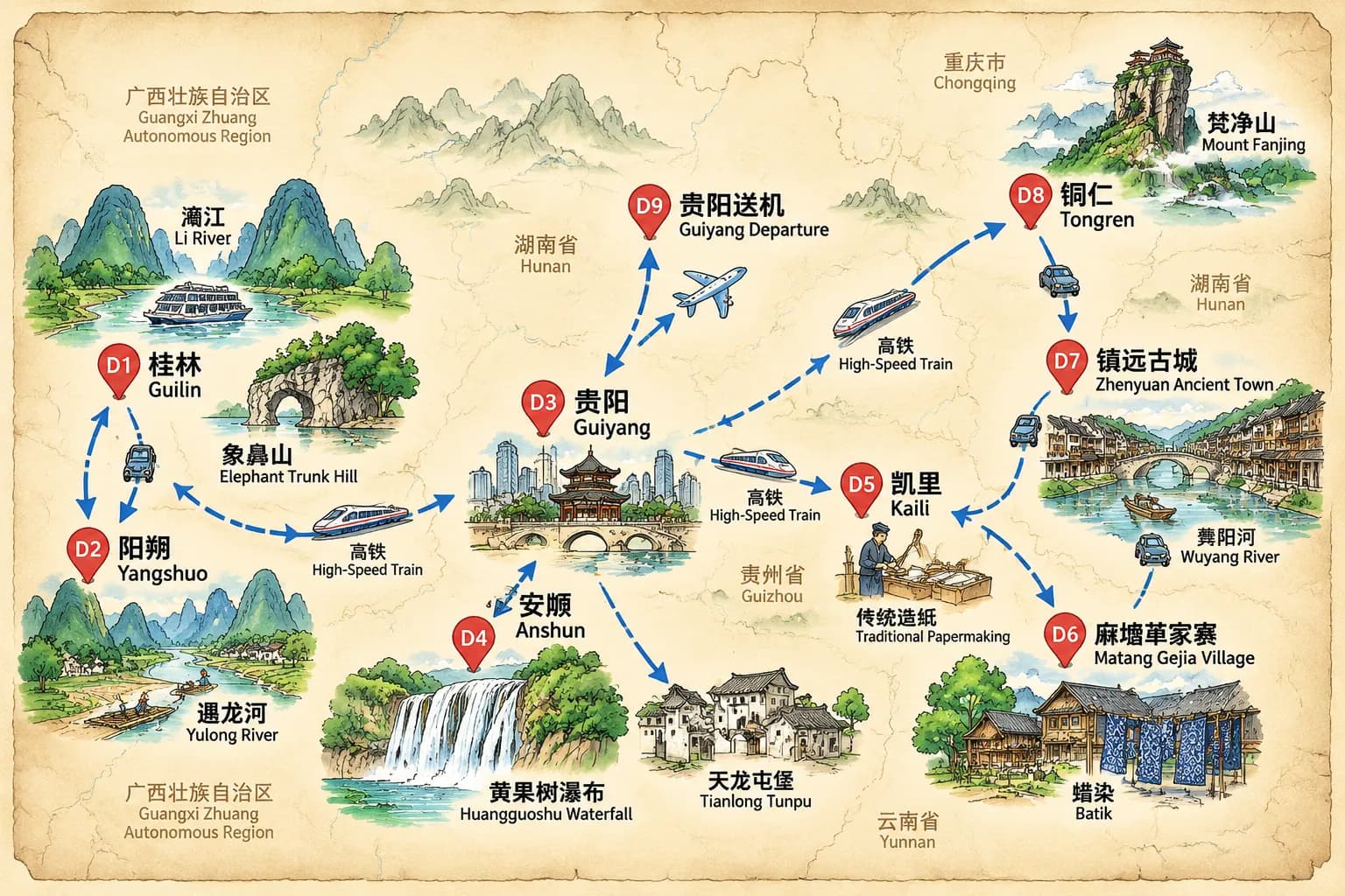 Guilin Travel Package: 9-day 8-night · Private Tour · Yangshuo+Guilin+Guiyang+Kaili+Zhenyuan+Tongren+Anshun+Huangguoshu Waterfall+Mount Fanjing route map