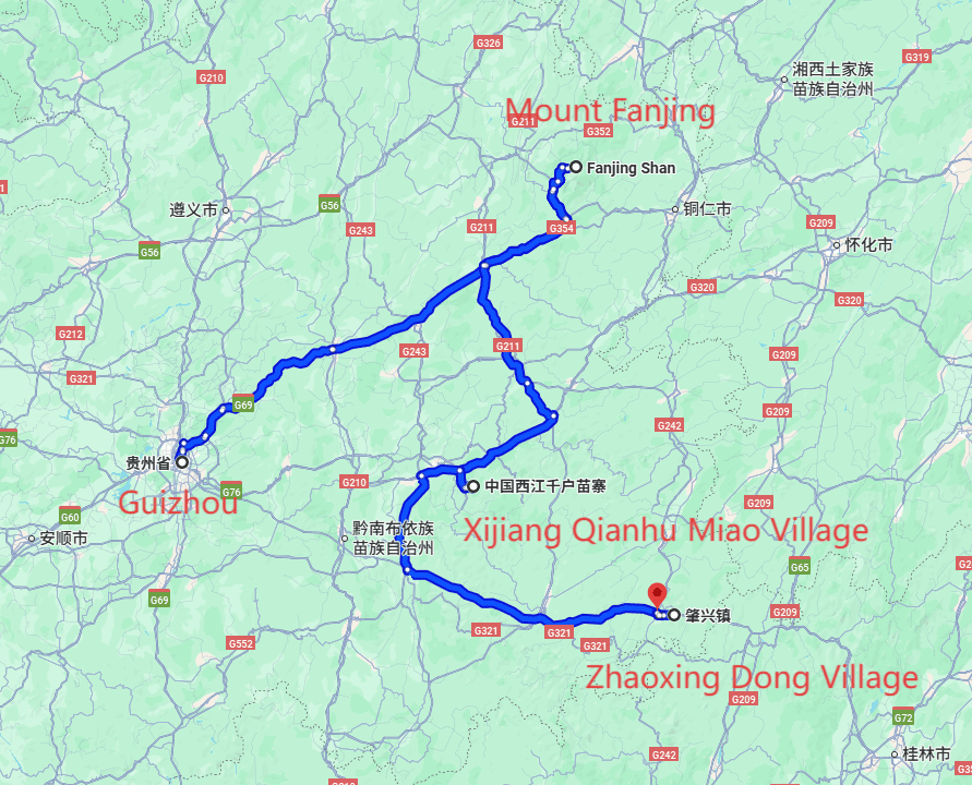 Summer Tour to China: 4-day 3-night · Private Tour · China Guizhou+Mount Fanjing+Zhaoxing Dong Village+Xijiang Qianhu Miao Village route map