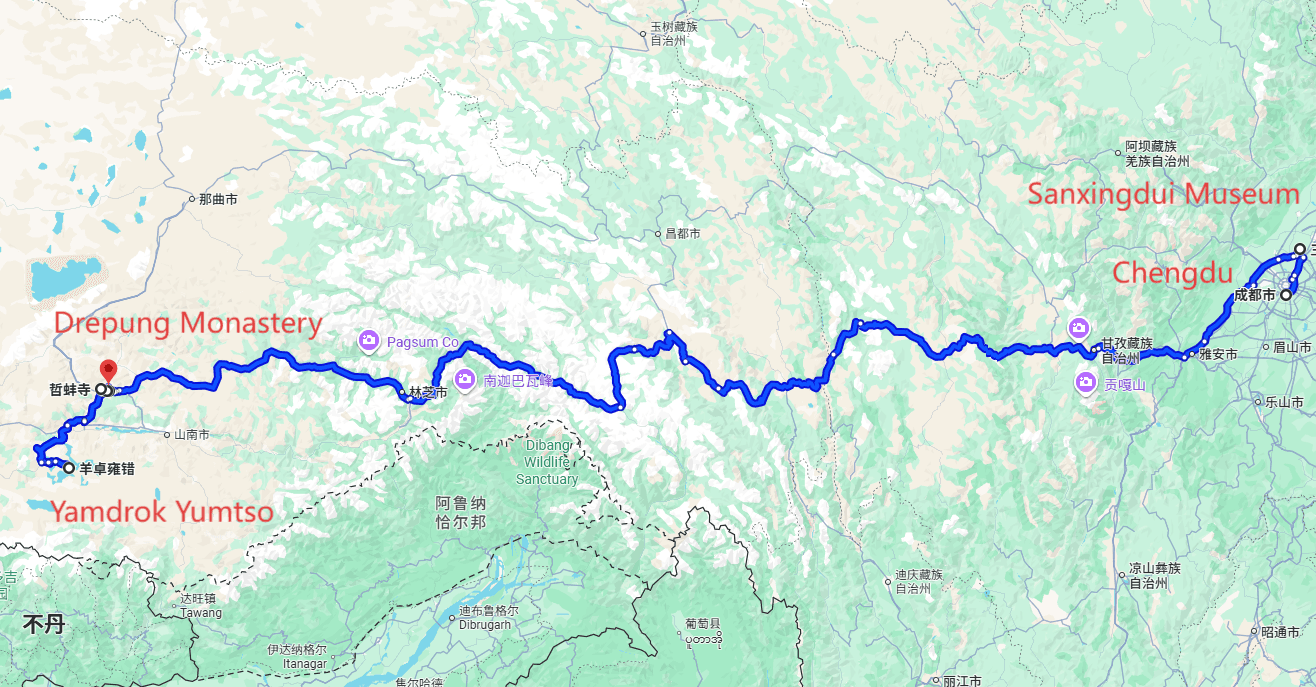 Place to Visit in China: 8-day 7-night·Private Tour·Chengdu+Sanxingdui Museum+Lhasa+Potala Palace+Yamdrok Yumtso+Drepung Monastery+Sera Monastery route map