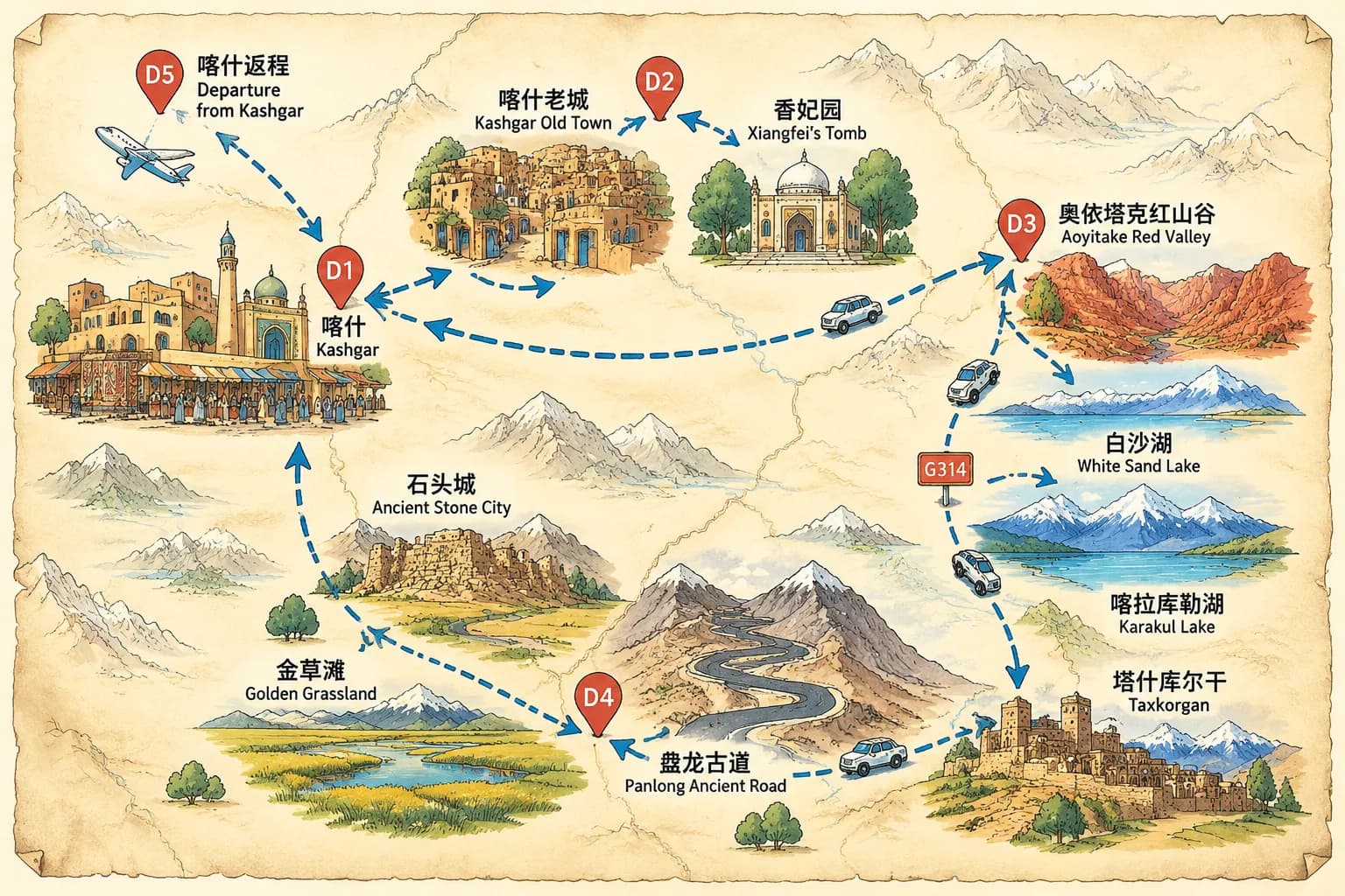 Kashgar Tours: 5-day 4-night · Private Tour · China+Xinjiang+Kashgar route map