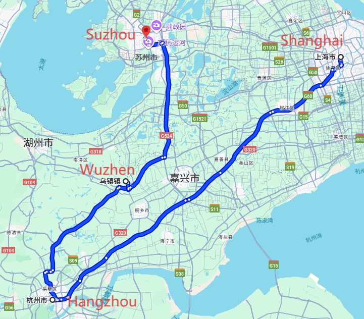 Hangzhou Tour: 4-day 3-night · Shanghai+Hangzhou+Wuzhen+Suzhou route map