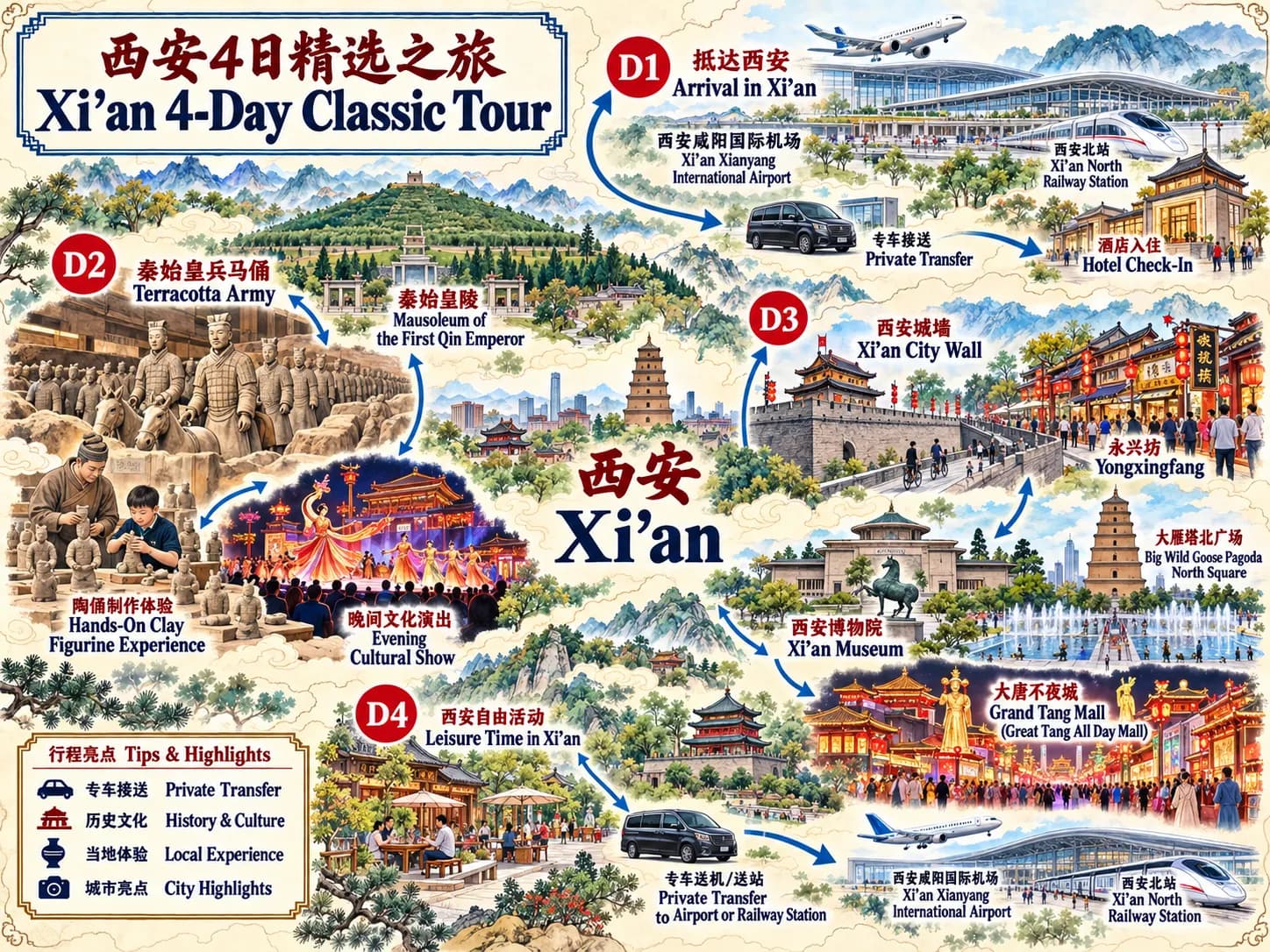 China Xi'an Tours: 4-day 3-night · Private Tour · Xi'an+Emperor Qinshihuang's Mausoleum Site Museum+Xi'an City Wall route map