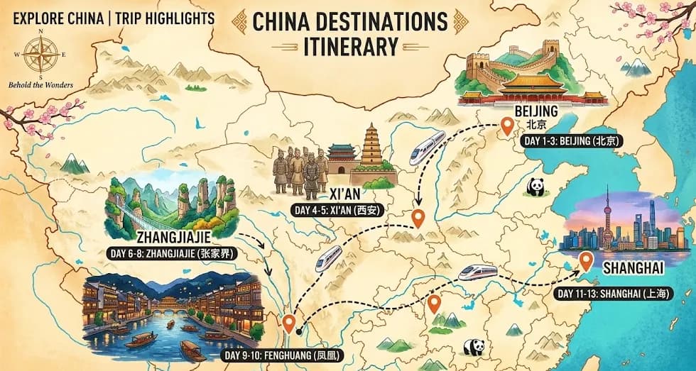 14 Days Classic China Tour: Beijing + Xi'an + Zhangjiajie + Fenghuang + Shanghai route map