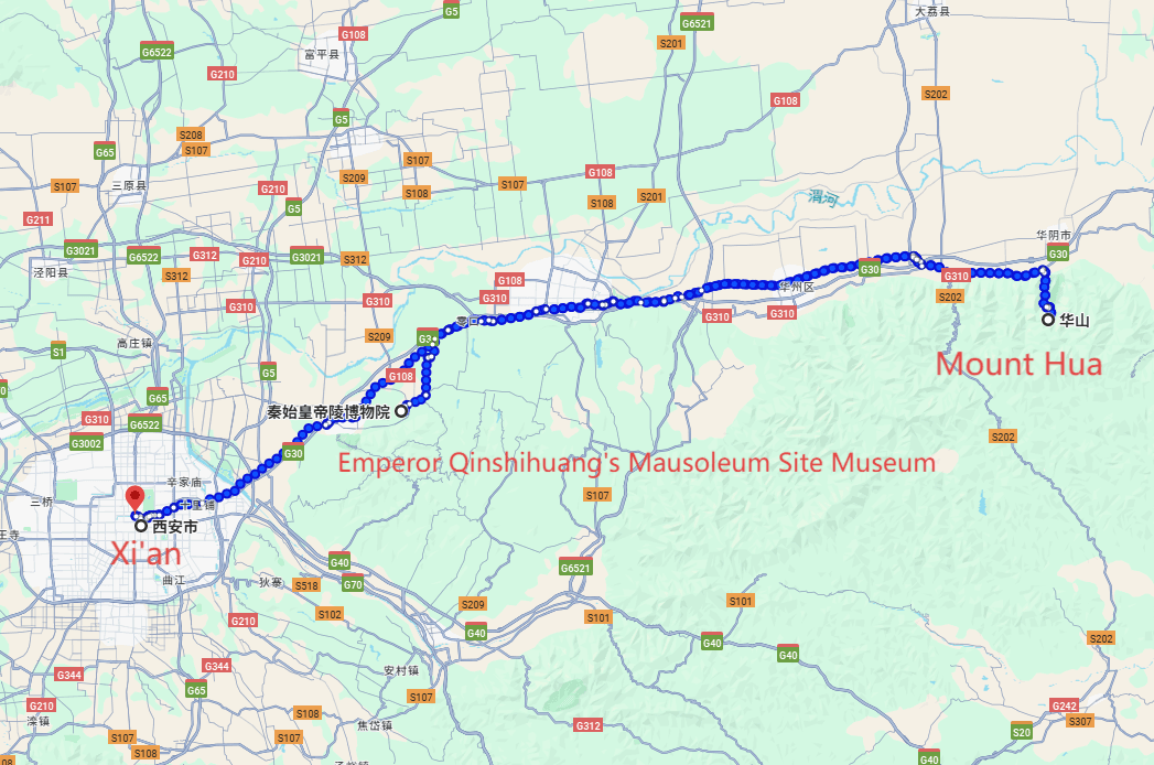 China Xi'an Tours: 4-day 3-night · Private Tour · Xi'an+Emperor Qinshihuang's Mausoleum Site Museum+Mount Hua route map