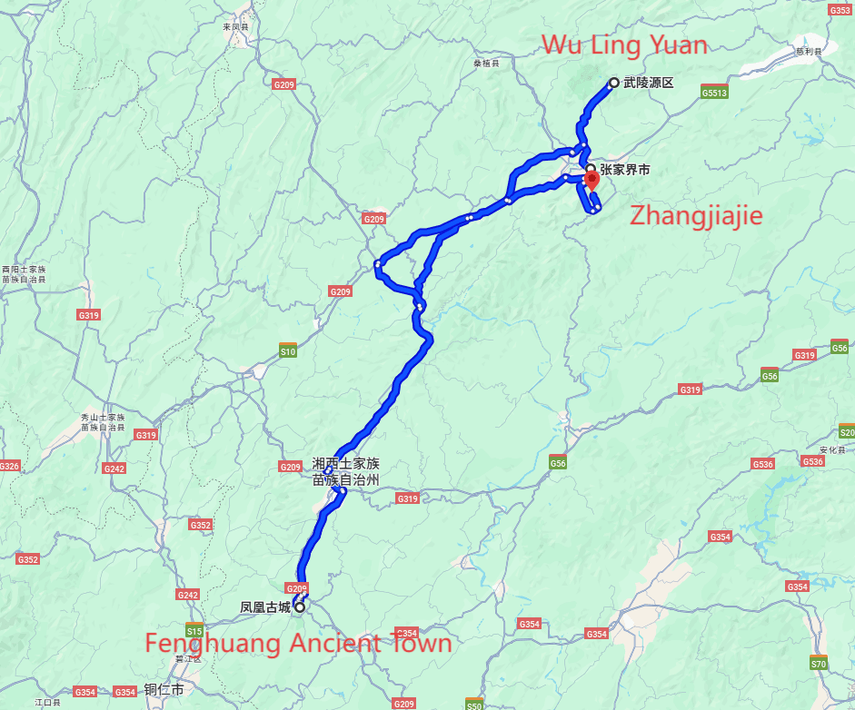 Zhangjiajie Travel Agents: 5-day · Private Tour · Zhangjiajie+Wu Ling Yuan+Fenghuang Ancient Town+Tianmen Cave route map