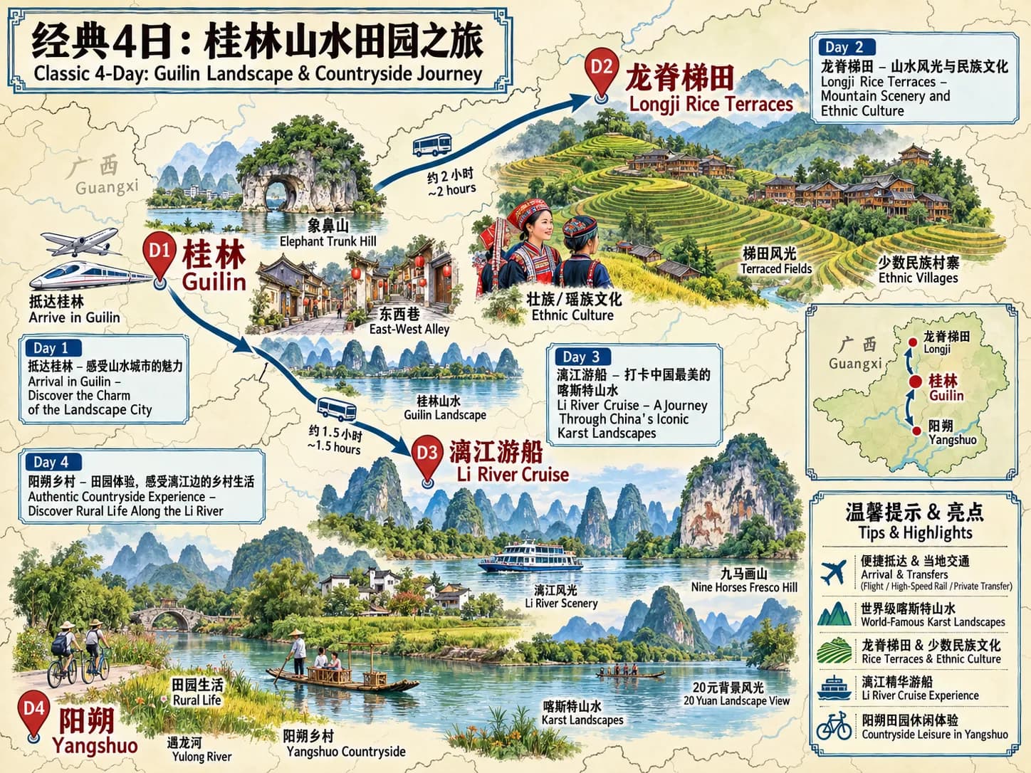 Guilin 4-day in-depth experience tour route map