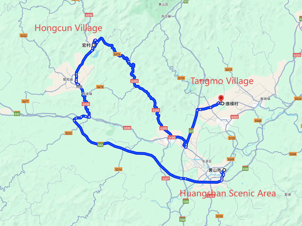 China Huangshan Scenic Area Tour: 4-day 3-night · Private Tour · Huangshan Scenic Area+Hongcun Village+Tangmo Village route map