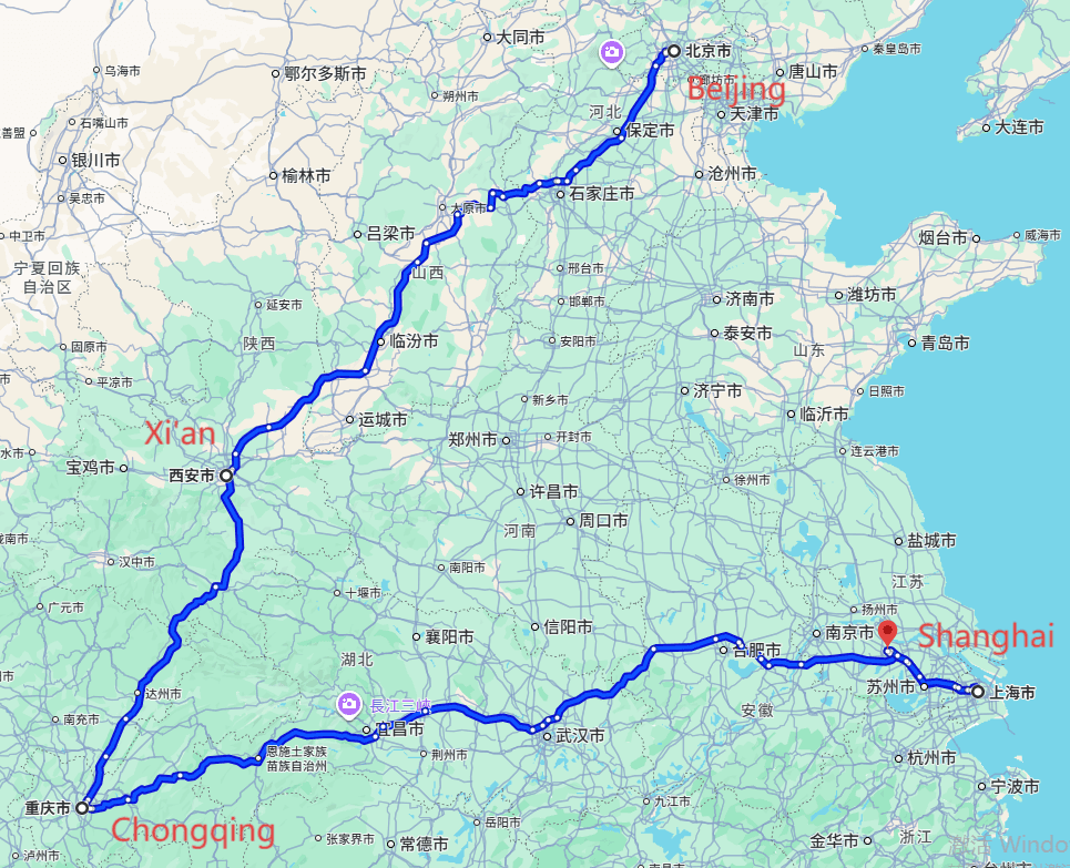 Chongqing Tour: 12-day 11-night · Private Tour · Beijing + Xi'an + Chongqing + Shanghai route map