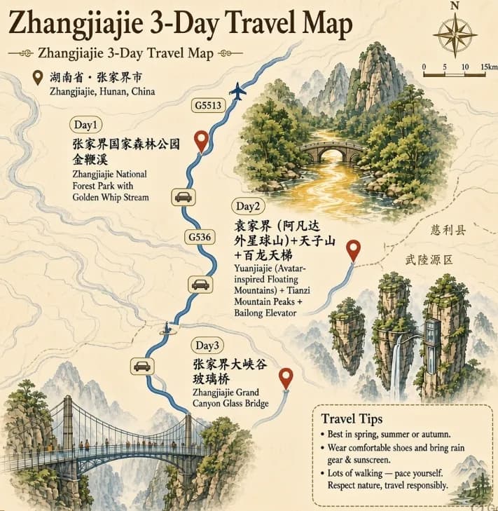 China Zhangjiajie Travel Agents: 3-day 2-night · Private Tour · Zhangjiajie National Forest Park route map