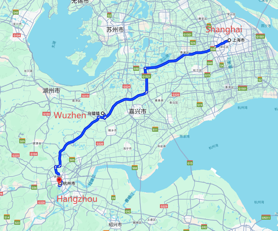 China Shanghai Trip Packages from Malaysia: 2-day 1-night · Private Tour · Shanghai+Wuzhen+Hangzhou route map