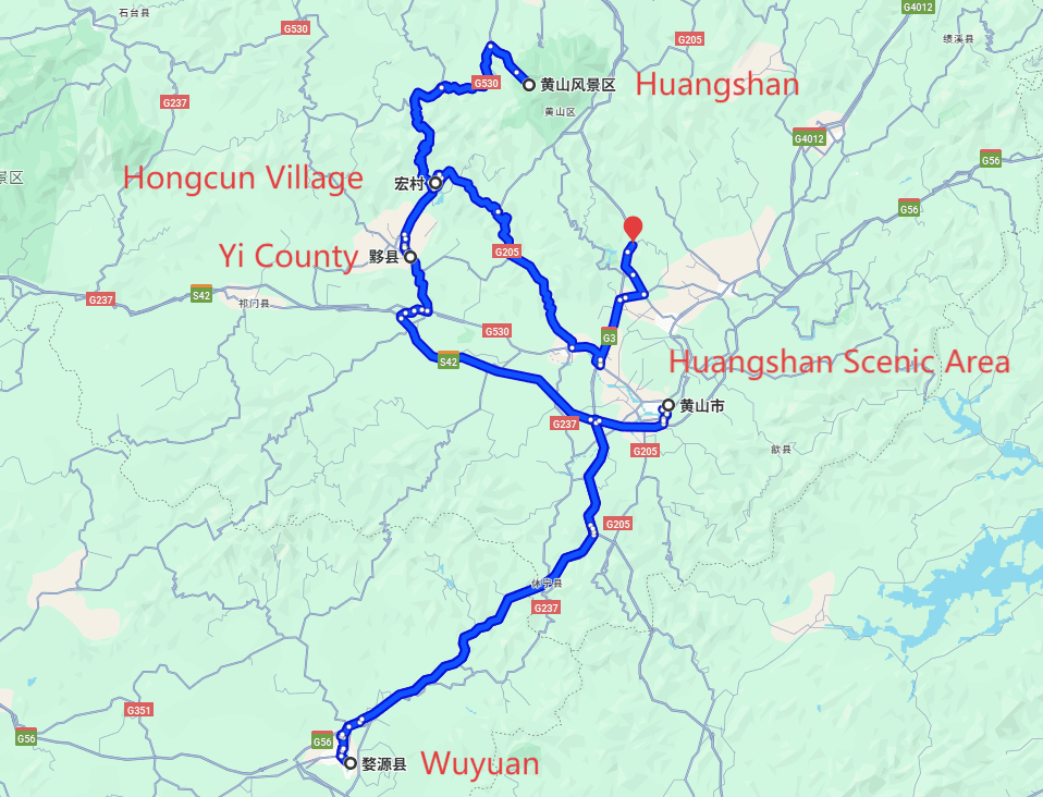 Huangshan Scenic Tour: 4-day 3-night · Private Tour · Huangshan+Wuyuan+Yi County+Huangshan Scenic Area+Hongcun Village route map