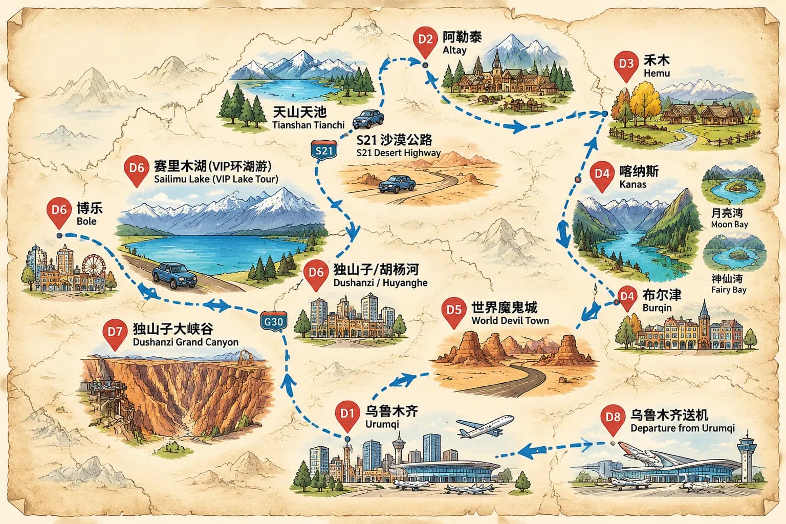 Urumqi Tour: 8-day 7-night · Private Tour · Urumqi+Northern Xinjiang+Kanas route map