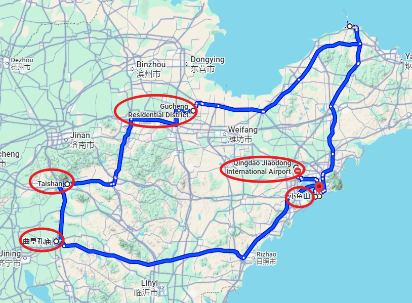 Yantai Tour: 9-day 8-night · Private tours · Qingdao + Yantai + Penglai District + Weifang + Qingzhou + Jinan + Tai'an + Qufu + Tai'erzhuang District route map