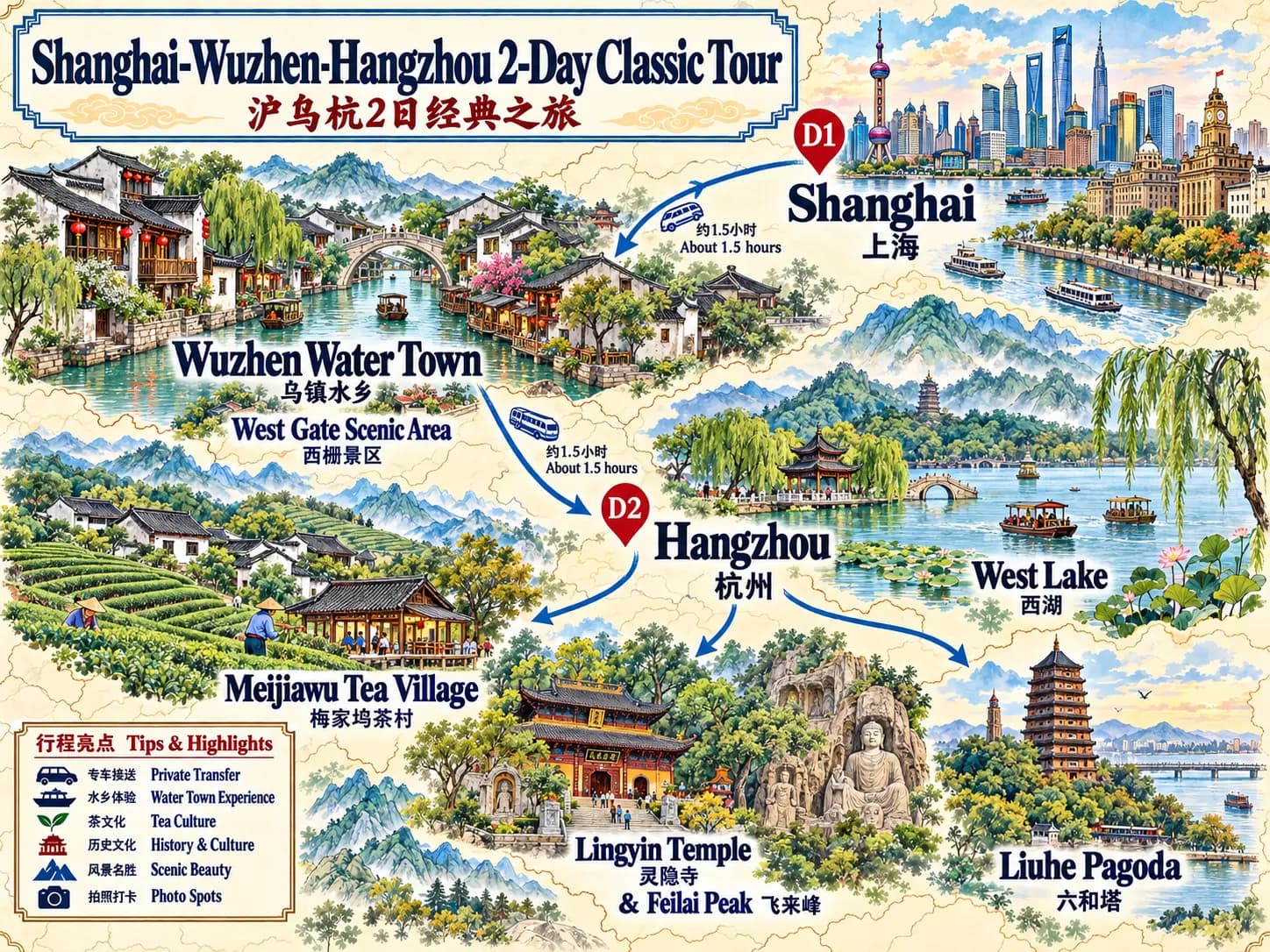 China Shanghai Trip Packages from Malaysia: 2-day 1-night · Private Tour · Shanghai+Wuzhen+Hangzhou route map