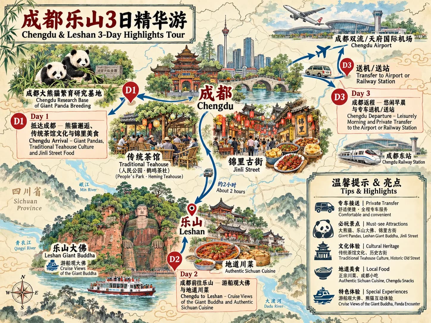 Chengdu,Leshan 3-day tour route map
