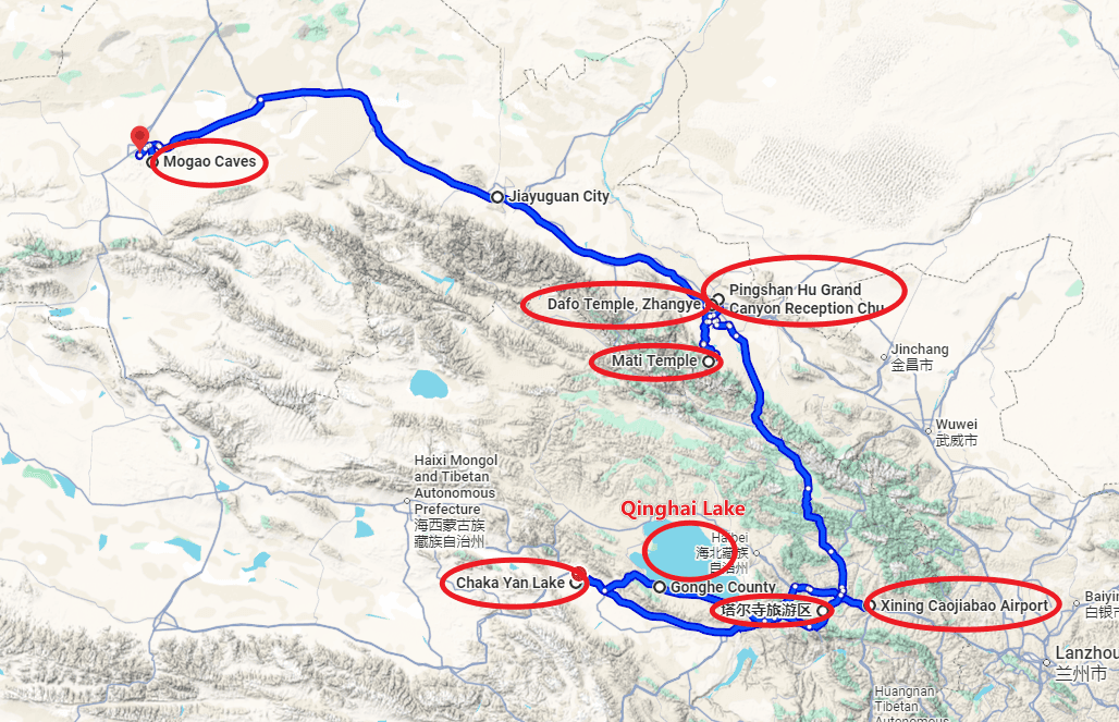 Kumbum Monastery Tour: 8-day 7-night · Private tours · Kumbum Monastery + Qinghai Lake + Zhangye Buddha Temple + Pingshan Lake Grand Canyon + Mogao Caves route map