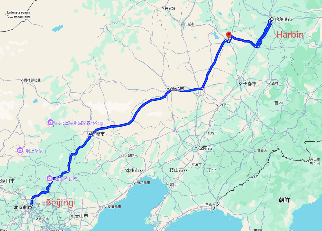 China Beijing Tour: 7-day 6-night · Private Tour · Beijing+Harbin route map