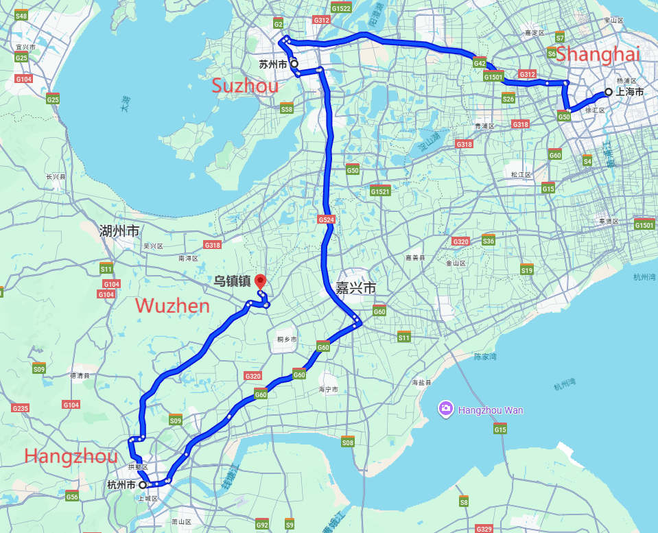 Shanghai Tourism: 3-day · Private Tour · Shanghai+Suzhou+Hangzhou+Wuzhen route map