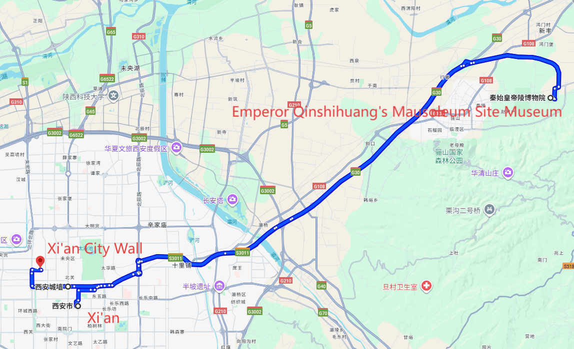Xi'an City Wall Tour: 2-day 1-night · Private Tour · Xi'an+Emperor Qinshihuang's Mausoleum Site Museum+Xi'an City Wall route map