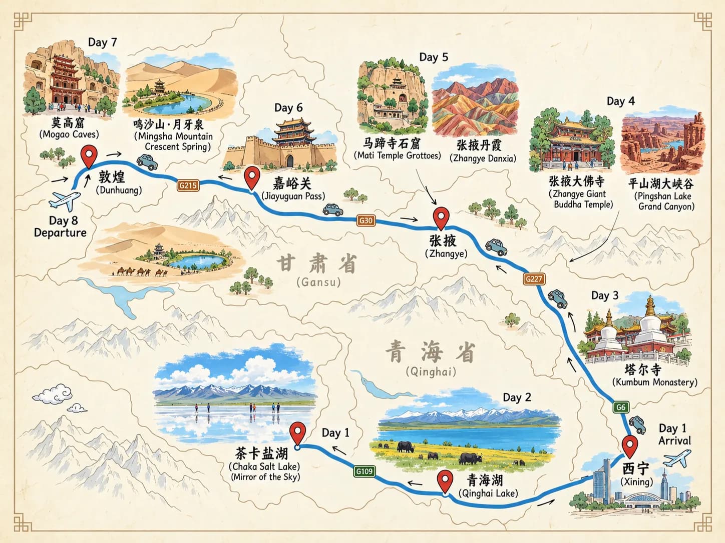 Qinghai Tour: 8-day 7-night · Private tours · Kumbum Monastery + Qinghai Lake + Zhangye Buddha Temple + Pingshan Lake Grand Canyon + Mogao Caves route map