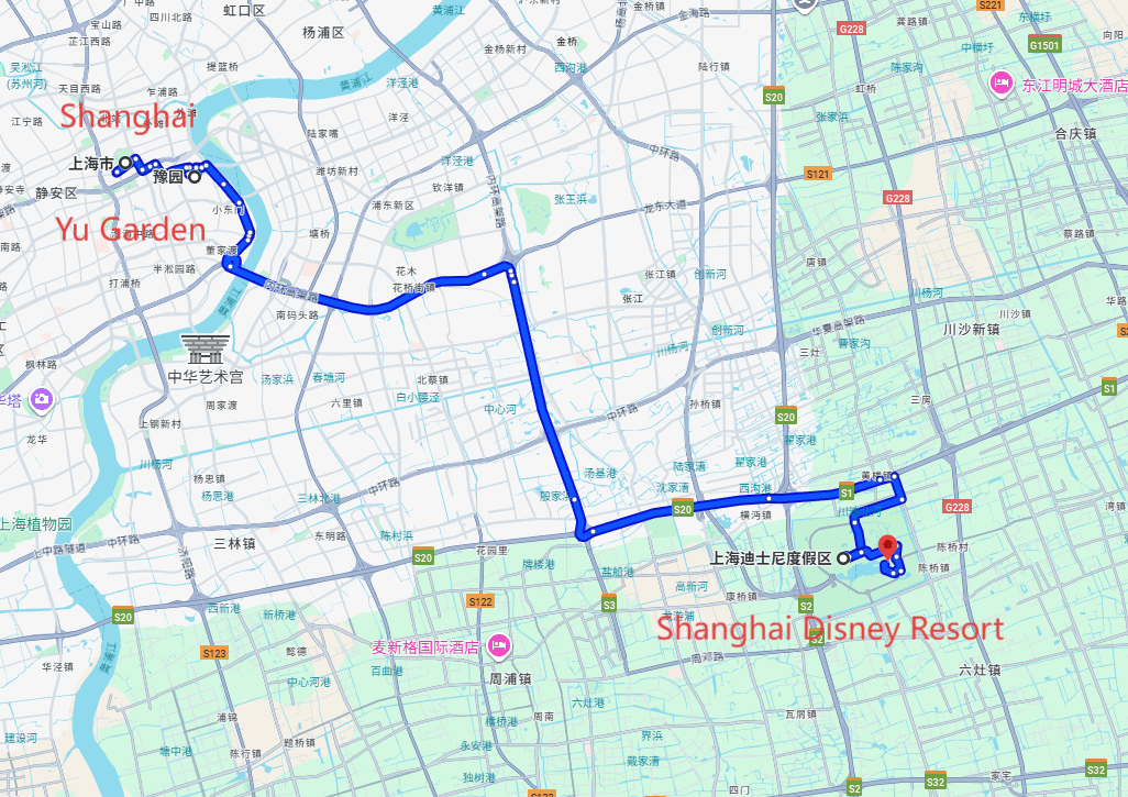 China Shanghai Tours Packages: 5-day 4-night · Private Tour · Shanghai+Yu Garden+Shanghai Disney Resort route map