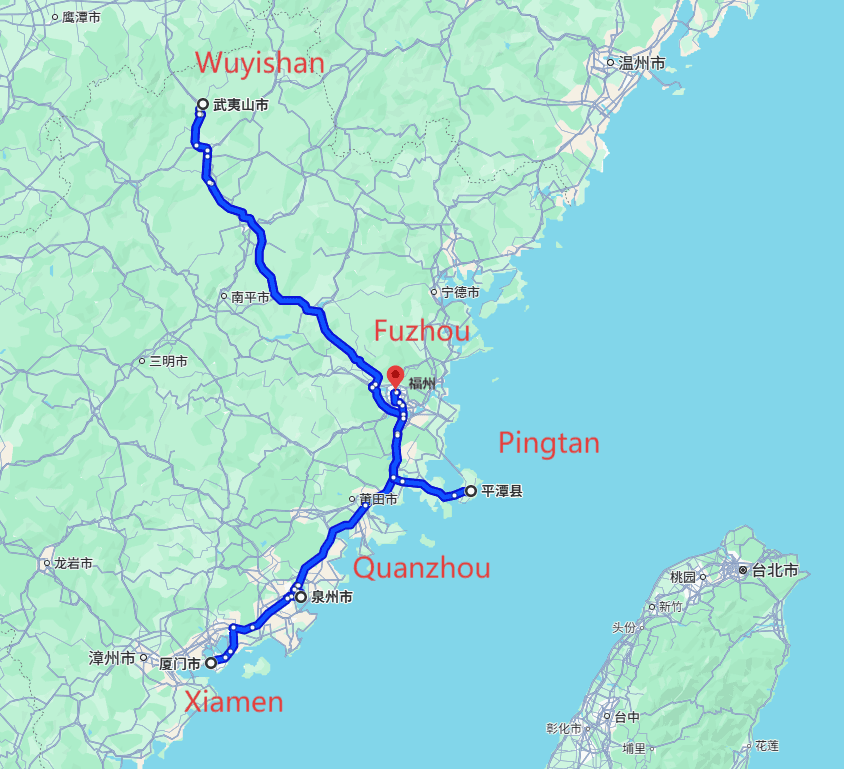 Wuyishan Tour: 7-day 6-night · Private Tour · Xiamen+Quanzhou+Wuyishan+Pingtan+Fuzhou route map