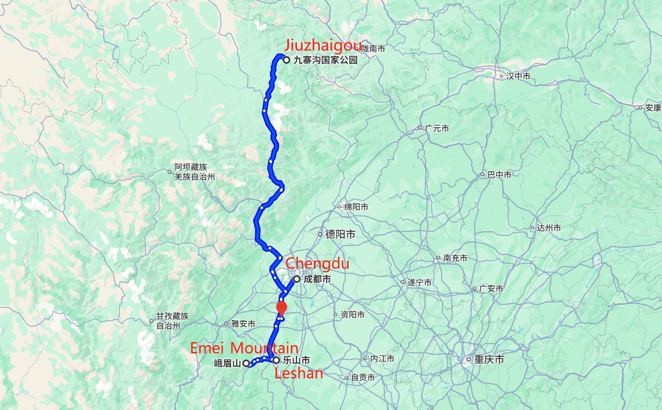 Panda Homeland·Highland Wonderland——7-day Tour of Jiuzhaigou,Leshan,Chengdu route map