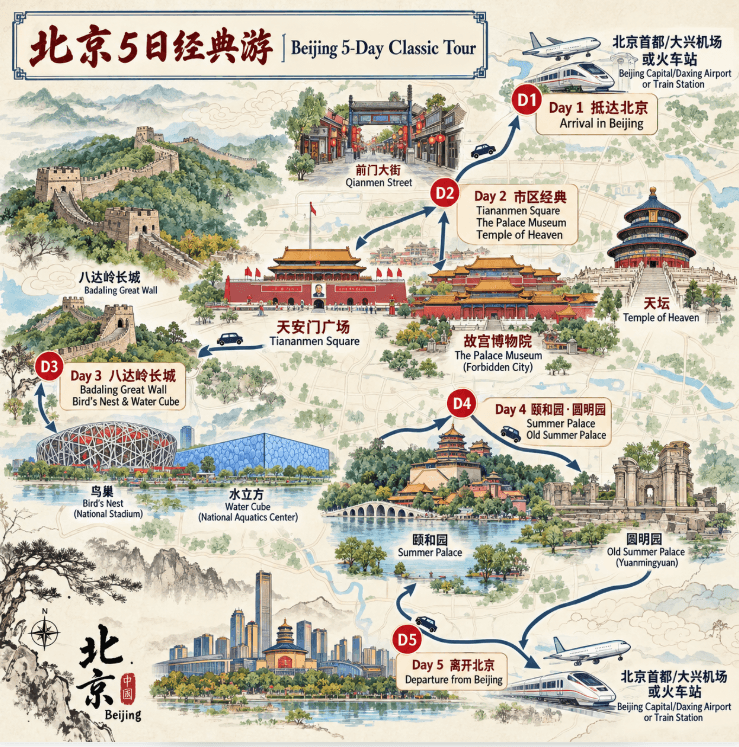 Beijing Tourism: 5-day 4-night · Private Tour · Beijing+The Palace Museum+Temple of Heaven+Shichahai Scenic Area route map