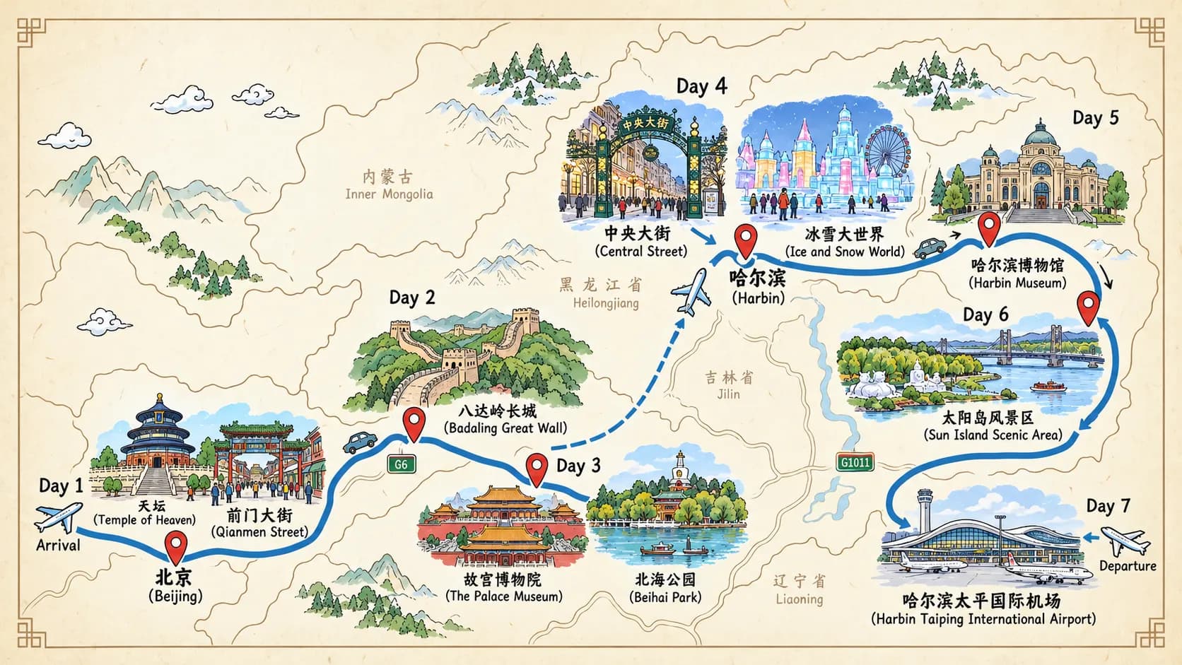 China Beijing Tour: 7-day 6-night · Private Tour · Beijing+Harbin route map