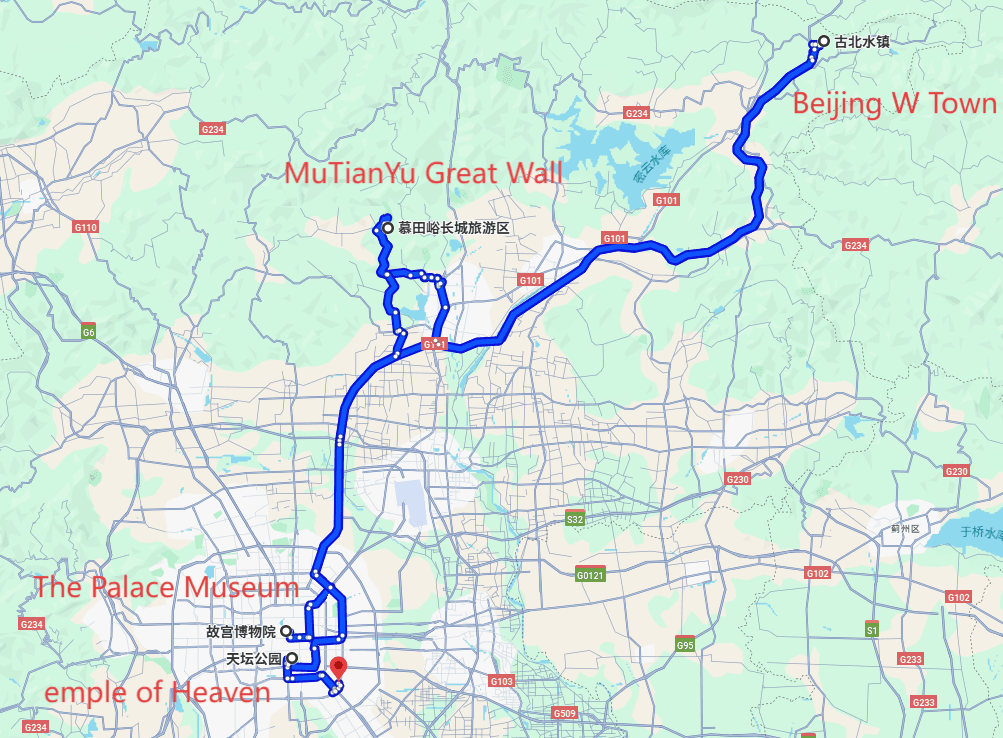 Beijing Tours: 6 days 5-night · Private Tour · The Palace Museum+Beijing WTown+MuTianYu Great Wall+Temple of Heaven route map