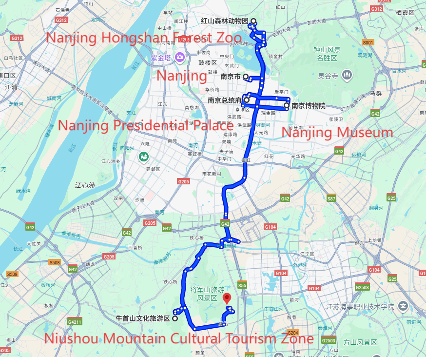 Nanjing Tour: 5-day 4-night · Private Tour · Nanjing+Nanjing Hongshan Forest Zoo+Nanjing Presidential Palace+Nanjing Museum+Niushou Mountain Cultural Tourism Zone route map