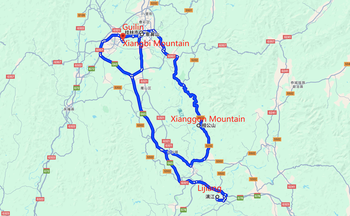 Three days of refined Tours in Guilin route map