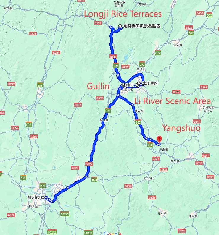 Guilin private family tour: 5-day 4-night · Private Tour · Guilin+Guangxi+China+Li River Scenic Area+Longji Rice Terraces+Yangshuo route map