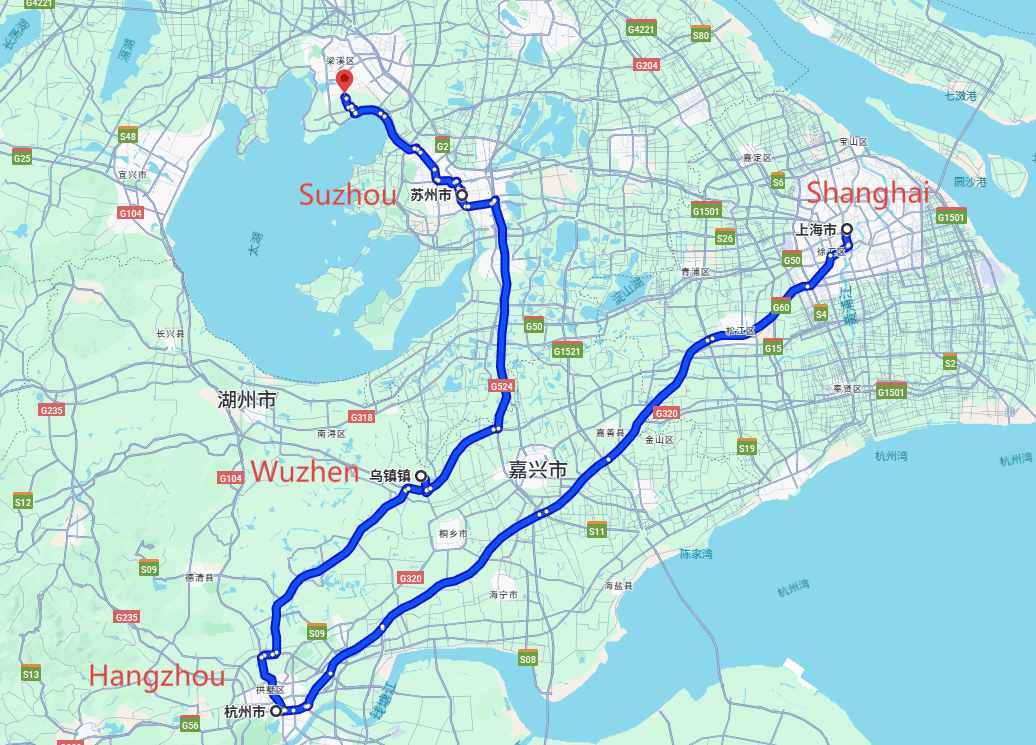 China Shanghai Tour: 4-day 3-night · Private Tour · China+Shanghai+Hangzhou+Wuzhen+Suzhou route map