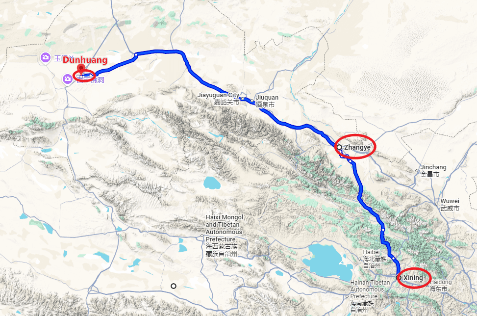 Qinghai Tour: 8-day 7-night · Private tours · Kumbum Monastery + Qinghai Lake + Zhangye Buddha Temple + Pingshan Lake Grand Canyon + Mogao Caves route map