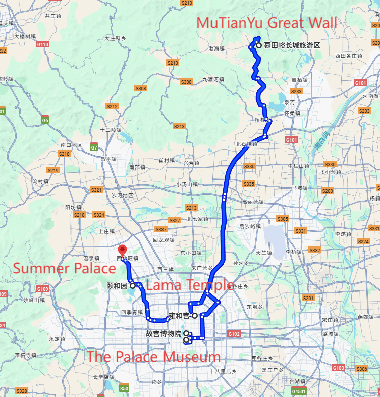 Trip to Zhangjiajie: 3-day 2-night · Private Tour · Tiananmen Square+The Palace Museum+MuTianYu Great Wall+Lama Temple+Summer Palace route map