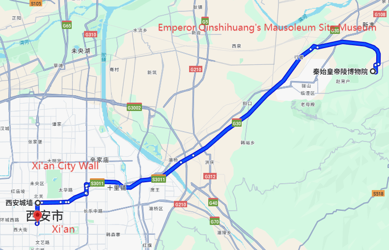 Xi'an City Wall Tour: 2-day 1-night · Private Tour · Xi'an + Emperor Qinshihuang's Mausoleum Site Museum + Xi'an City Wall route map
